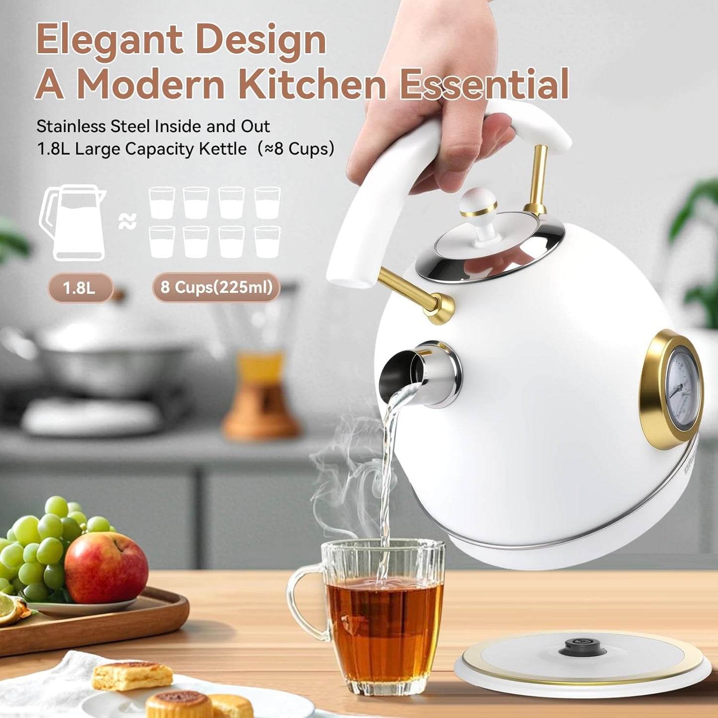 Rasonic Classic Retro Electric Kettle (UK Plug) (White and Champagne Gold)