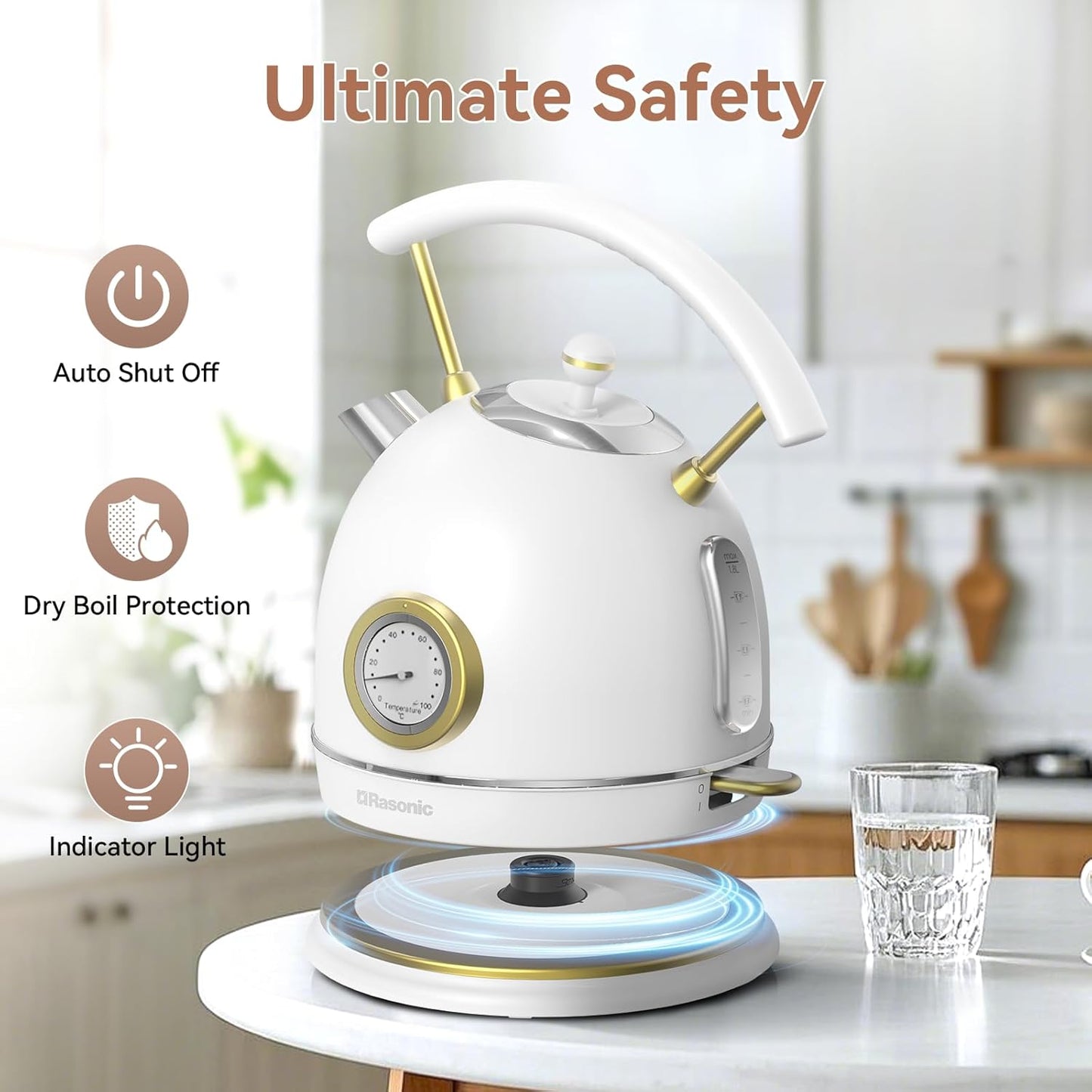 Rasonic Classic Retro Electric Kettle (UK Plug) (White and Champagne Gold)