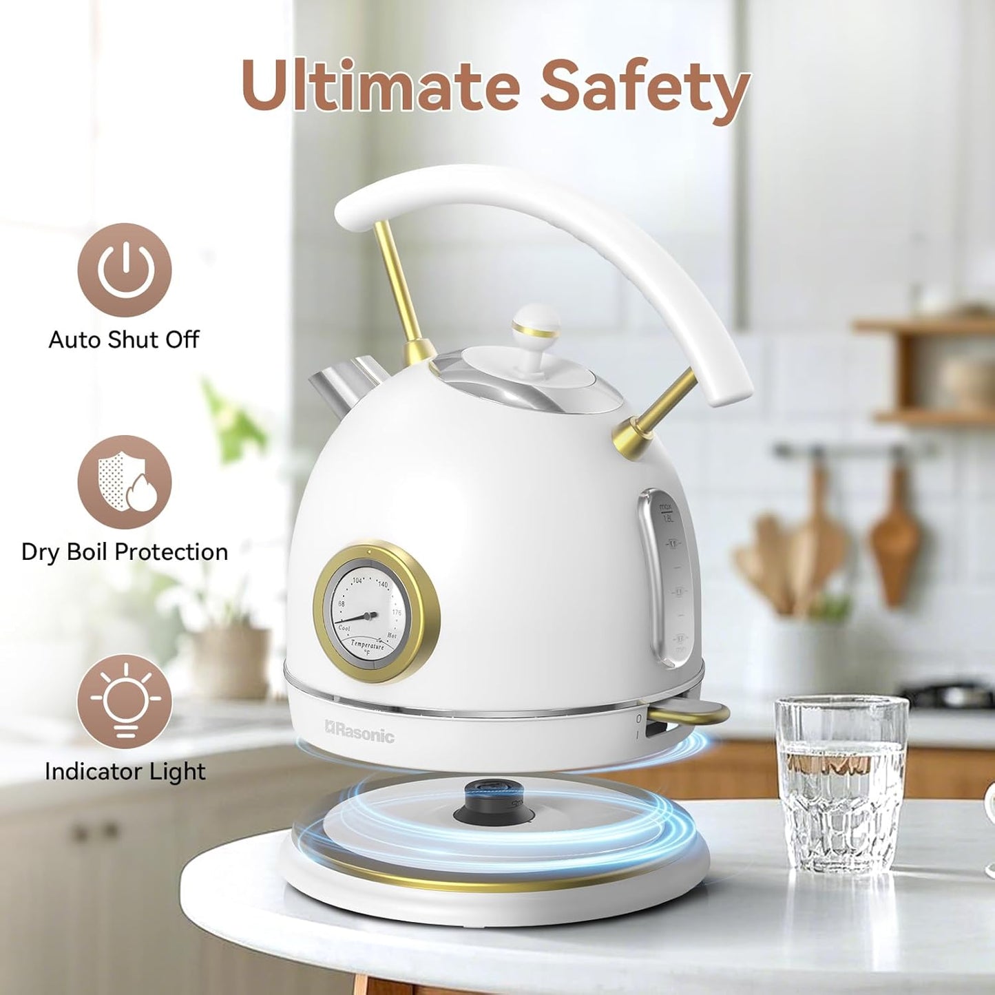 Rasonic Classic Retro Electric Kettle (US Plug) (White and Champagne Gold)