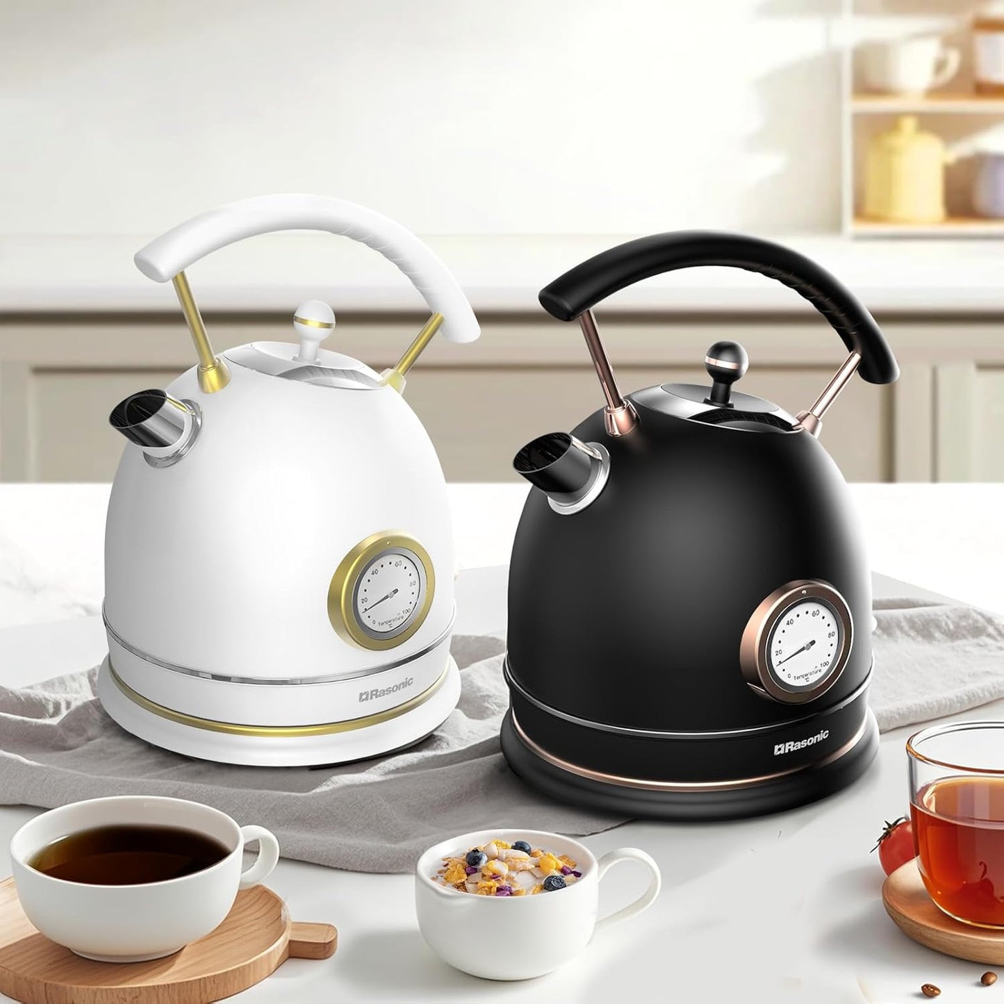 Rasonic Classic Retro Electric Kettle (UK Plug) (White and Champagne Gold)