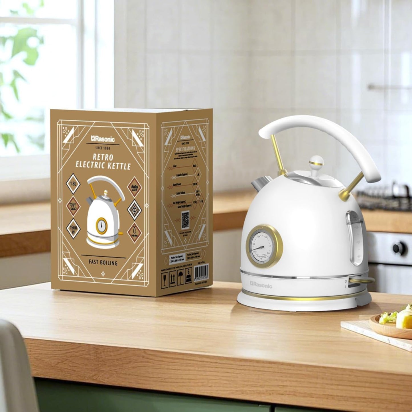 Rasonic Classic Retro Electric Kettle (US Plug) (White and Champagne Gold)