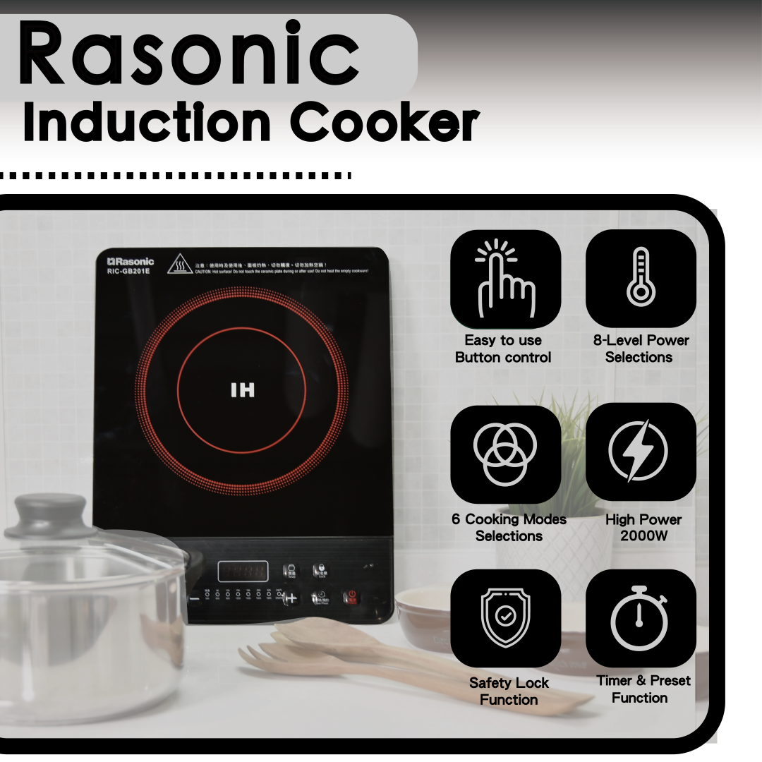 Compact Induction Cooker (13A/Button Control/6 Cooking Modes) - RIC-GB201E