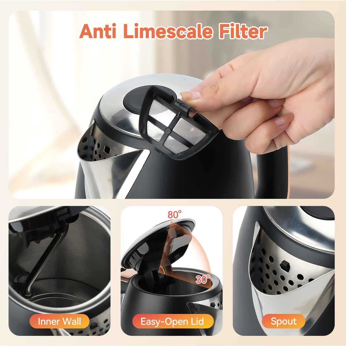 Capofaro Black and Rose Gold  Electric Kettle (UK Plug) (CK-DL5402B/UK)