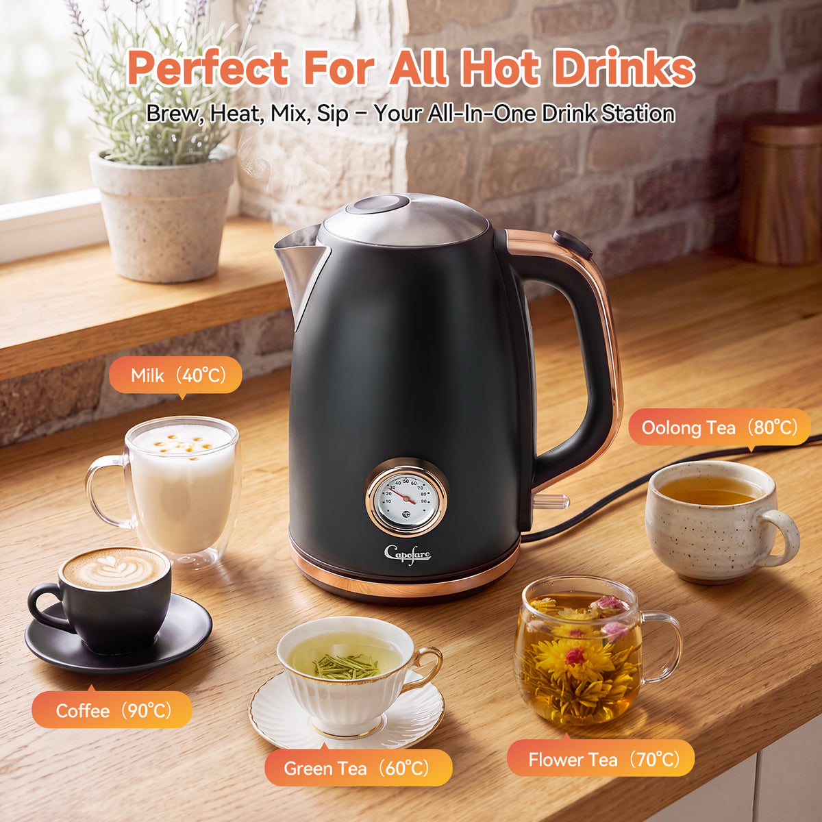 Capofaro Black and Rose Gold  Electric Kettle (UK Plug) (CK-DL5402B/UK)