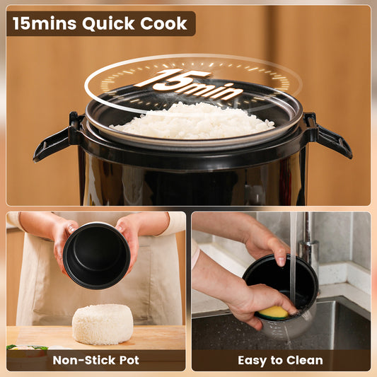 Rasonic Electric Mini Rice Cooker 0.4L, Portable for 1-2 People, with Non-Stick Pot & Food-Grade Steamer, 15-Min Fast Cooking, Auto Keep Warm - Black