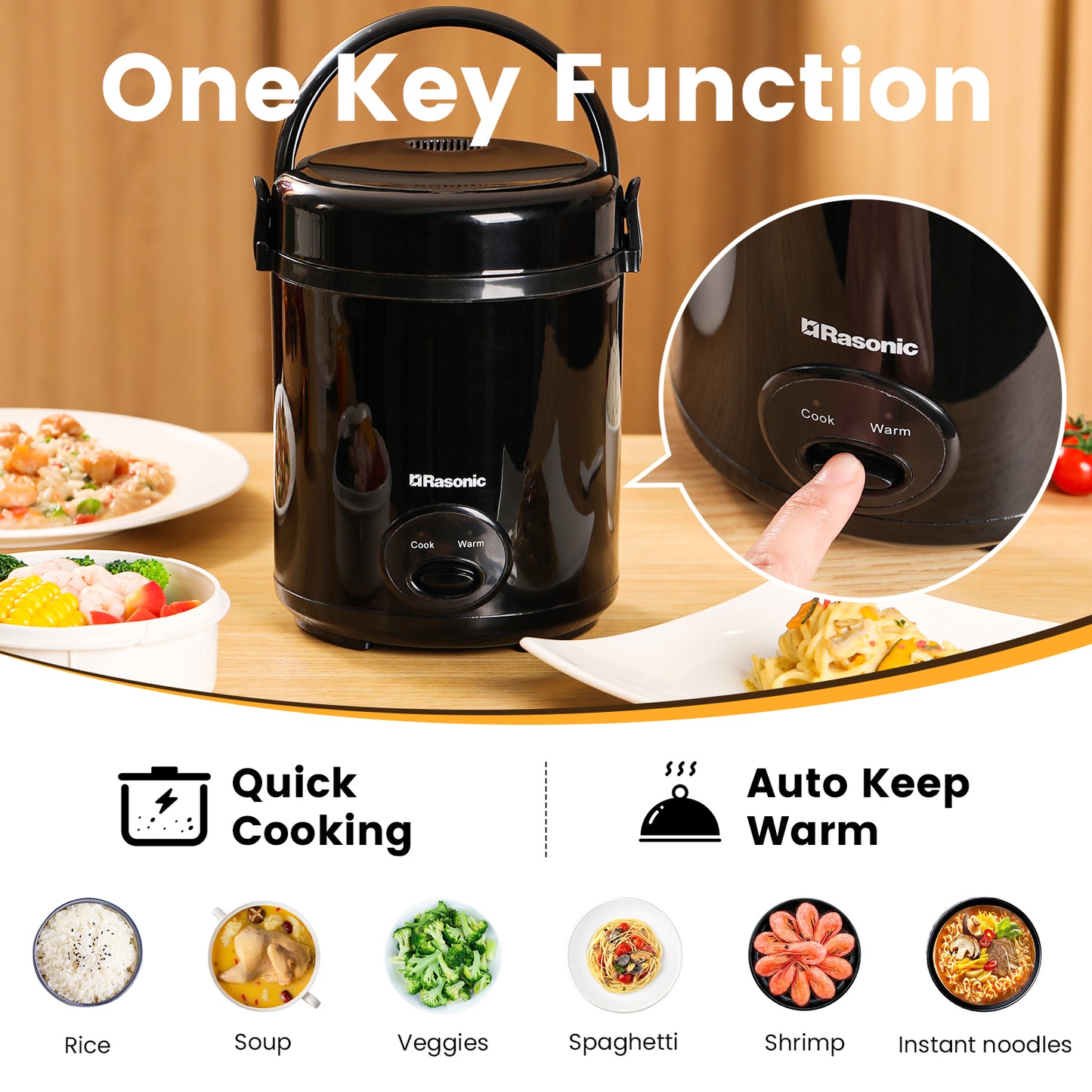 Rasonic Electric Mini Rice Cooker 0.4L, Portable for 1-2 People, with Non-Stick Pot & Food-Grade Steamer, 15-Min Fast Cooking, Auto Keep Warm - Black
