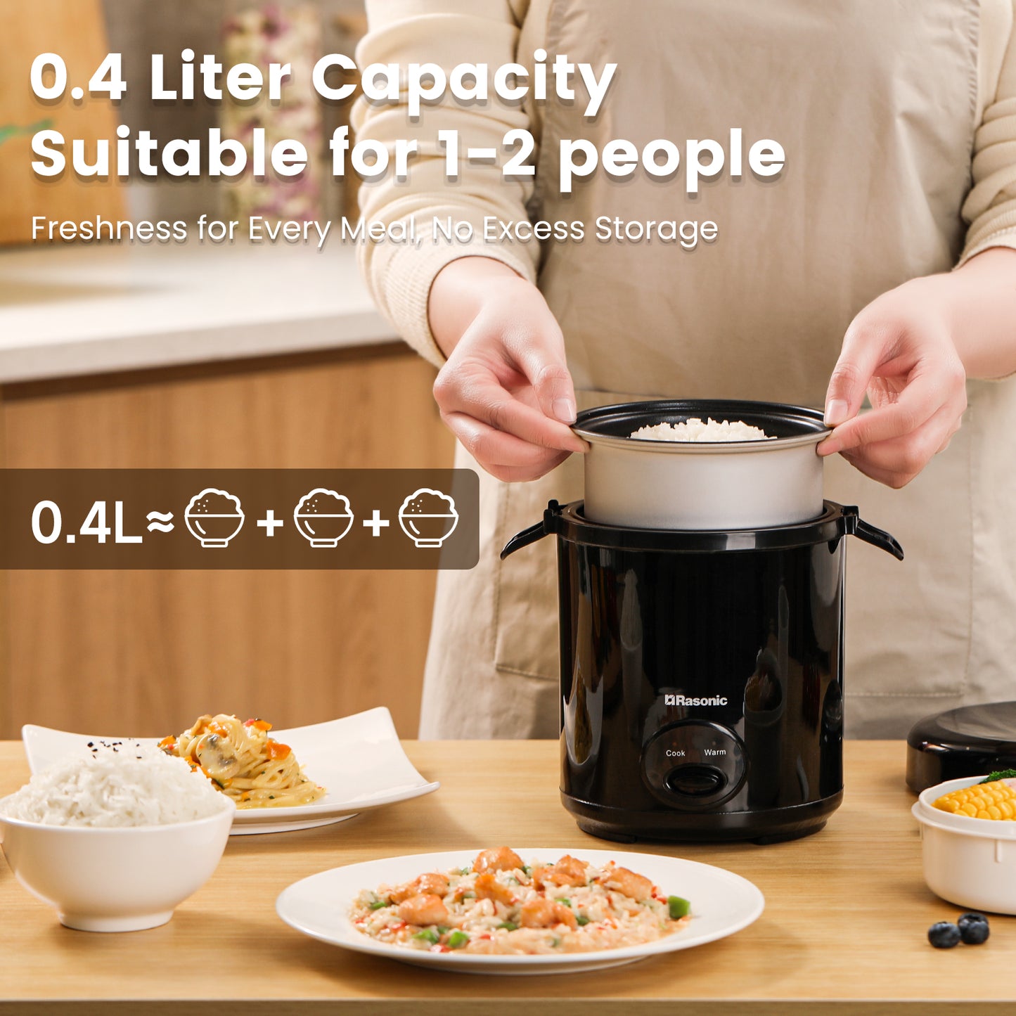 Rasonic Electric Mini Rice Cooker 0.4L, Portable for 1-2 People, with Non-Stick Pot & Food-Grade Steamer, 15-Min Fast Cooking, Auto Keep Warm - Black