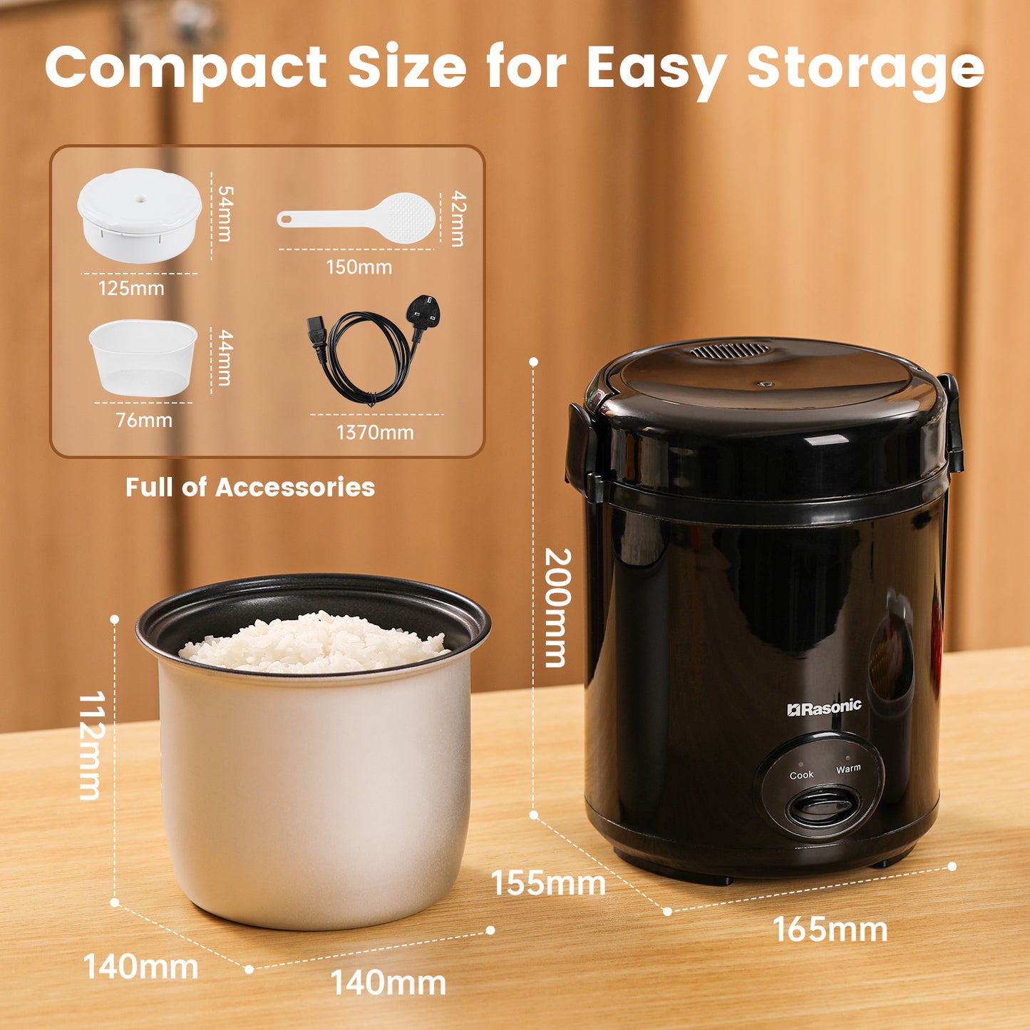 Rasonic Electric Mini Rice Cooker 0.4L, Portable for 1-2 People, with Non-Stick Pot & Food-Grade Steamer, 15-Min Fast Cooking, Auto Keep Warm - Black