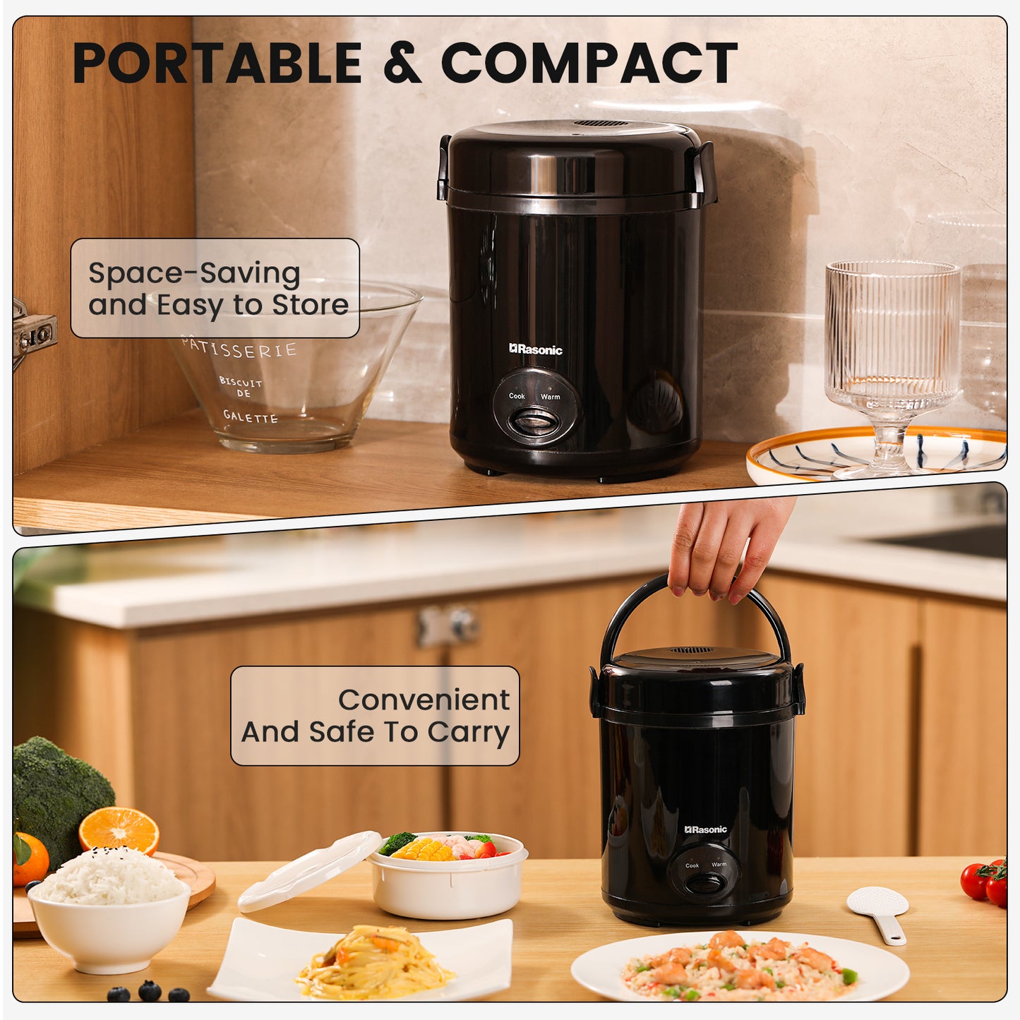 Rasonic Electric Mini Rice Cooker 0.4L, Portable for 1-2 People, with Non-Stick Pot & Food-Grade Steamer, 15-Min Fast Cooking, Auto Keep Warm - Black