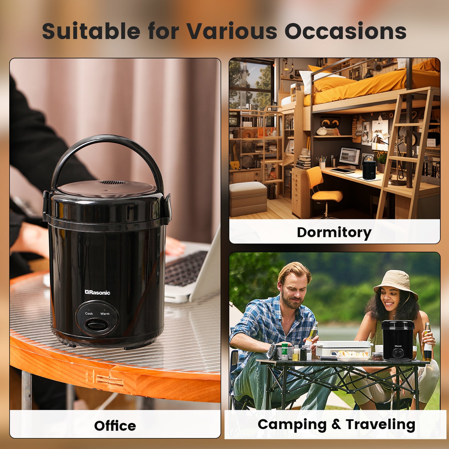 Rasonic Electric Mini Rice Cooker 0.4L, Portable for 1-2 People, with Non-Stick Pot & Food-Grade Steamer, 15-Min Fast Cooking, Auto Keep Warm - Black