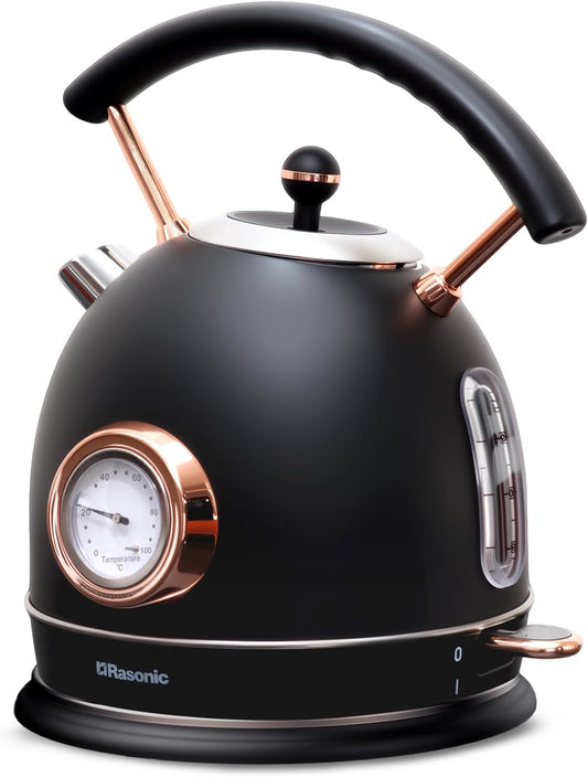 Rasonic Classic Retro Electric Kettle (UK Plug) (Matt Finish Black and Rose Gold)