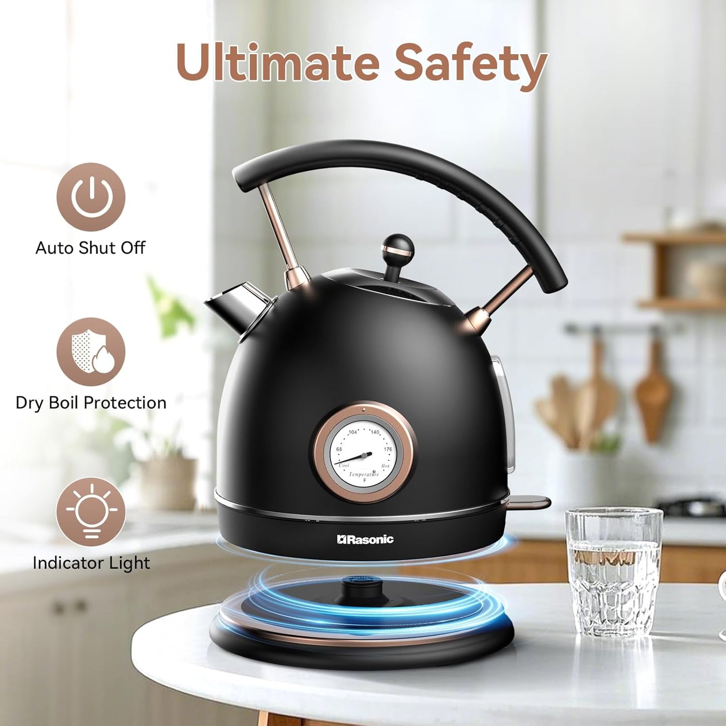Rasonic Classic Retro Electric Kettle (US Plug) (Matt Finish Black and Rose Gold)