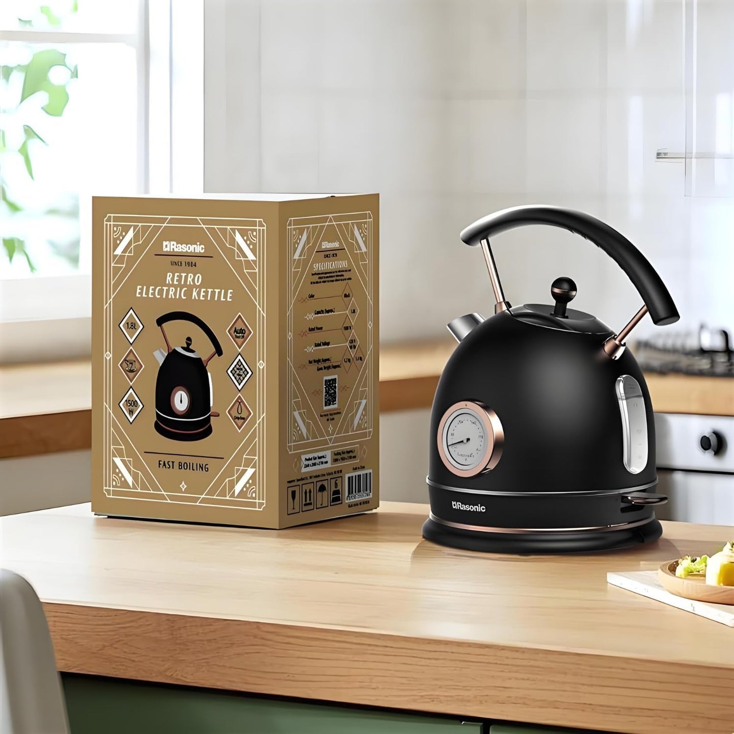 Rasonic Classic Retro Electric Kettle (US Plug) (Matt Finish Black and Rose Gold)