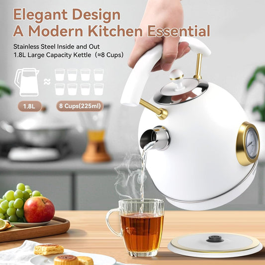 Rasonic Classic Retro Electric Kettle (UK Plug) (White and Champagne Gold)
